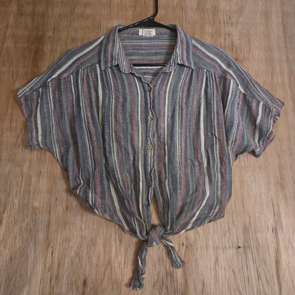 Love Notes Womens Large Blue Striped Tie Front Button Down Cotton Crop Top